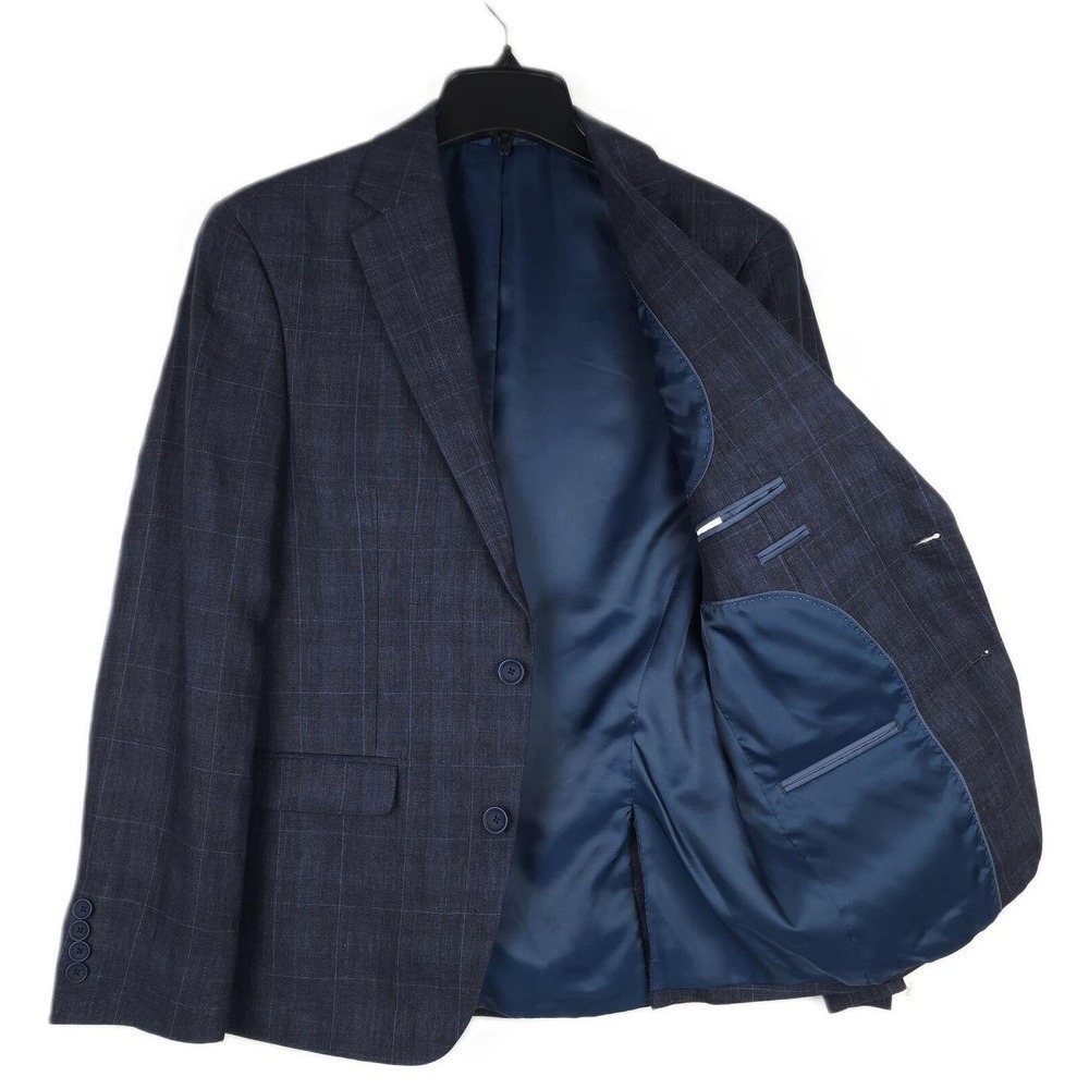 Bar III Mens Slim Fit Linen Sport Coat Blazer 36R Navy Blue Windowpane Plaid NWT - Picture 2 of 5